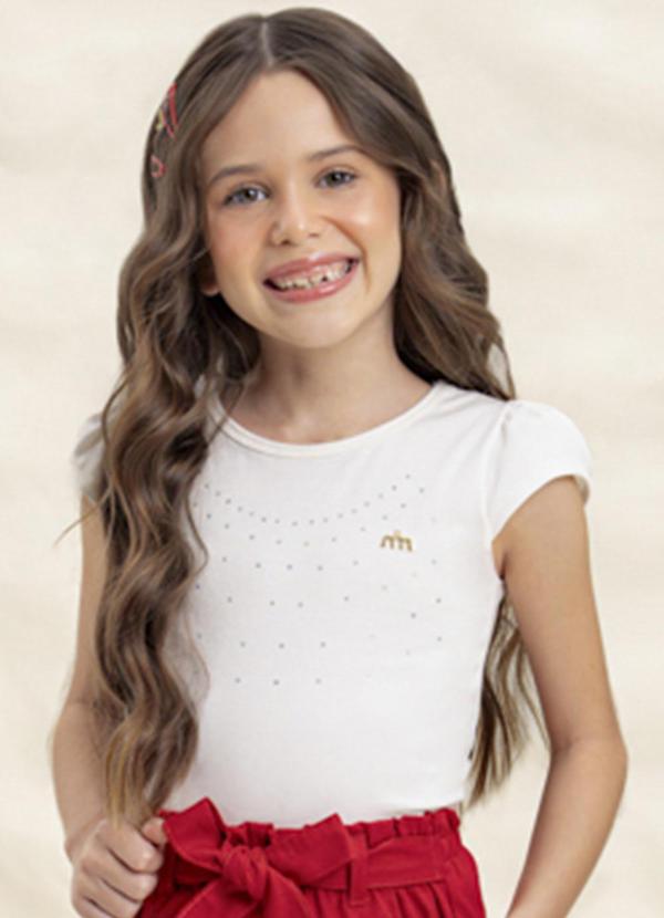 Milli e Nina - Blusa Menina Contton Penteado Strass Bege