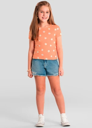 Brandili - Blusa Menina de Flores em Meia Malha Laranja - BRANDILI