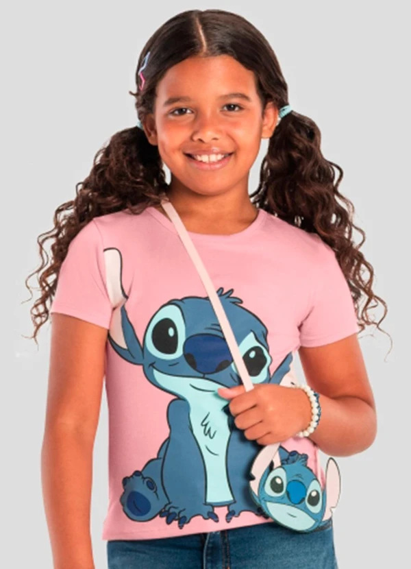 Brandili - Blusa Menina do Stitch com Bolsinha Rosa