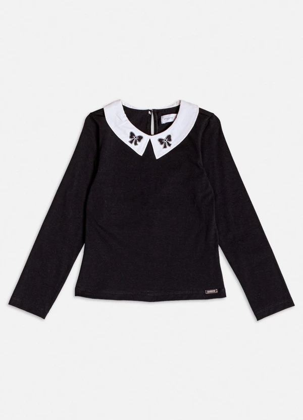 Momi - Blusa Preta com Gola e Patch de Laço Preto