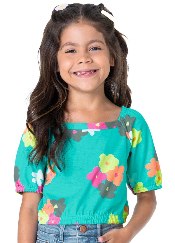 Malwee Kids - Blusa Verde Água Cropped Floral Menina