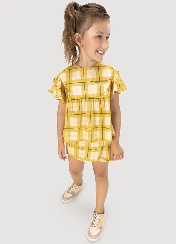 Lilica Ripilica - Blusa Xadrez Manga Curta Infantil Amarelo
