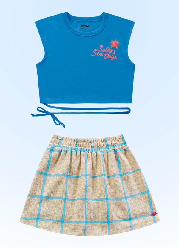 Fakini Kids - Conjunto Blusa Cropped/Short-Saia Azul