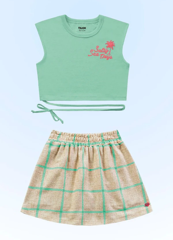 Fakini Kids - Conjunto Blusa Cropped/Short-Saia Verde