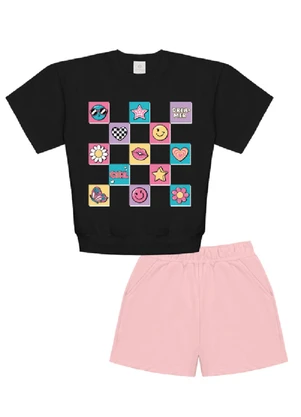 Abrange - Conjunto Blusa e Short Preto e Preto e Rosa - ABRANGE