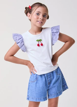 Bimbi - T-Shirt Listras nas Mangas e Cereja Off White - BIMBI