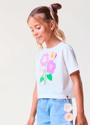 Bimbi - T-Shirt Off com Flores de Crochê Off White - BIMBI
