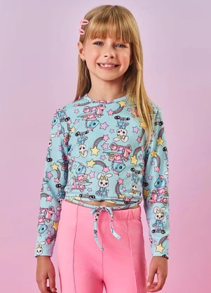 Abrange - Blusa Amarração Infantil Menina Dinossauro Azul - ABRANGE
