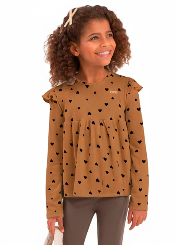 Duduka - Blusa Bata Infantil Coração Marrom