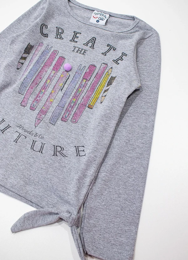 Turminha - Blusa Cotton com Estampa de Canetas Cinza 2