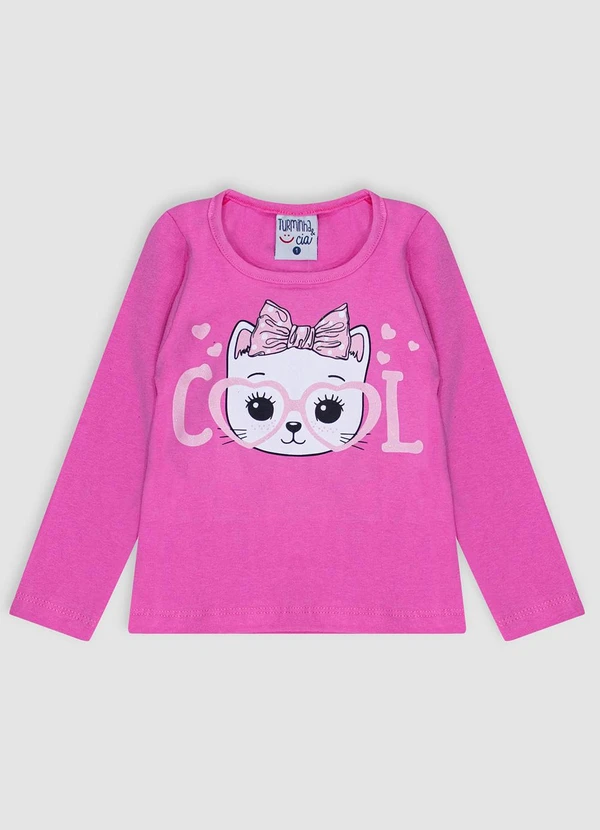 Turminha - Blusa Cotton Estampa Gatinho Básica Menina Rosa