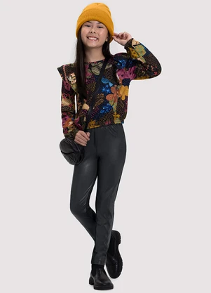 Alakazoo - Blusa Cropped Infantil Menina Estampada com Babado Preto - ALAKAZOO
