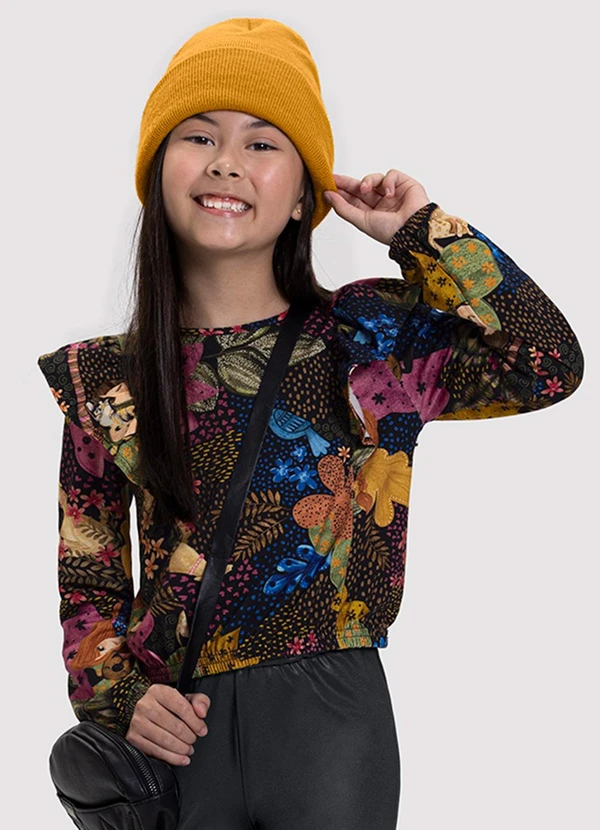 Alakazoo - Blusa Cropped Infantil Menina Estampada com Babado Preto