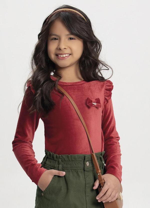 Alakazoo - Blusa de Mangas Longas em Tecido Veludo Vermelho