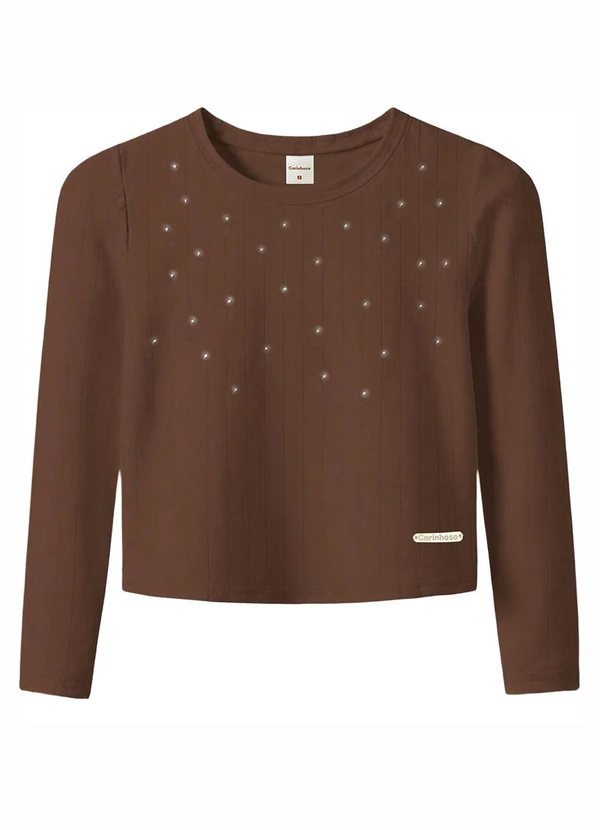Carinhoso - Blusa em Ribana Canelada com Strass Marrom