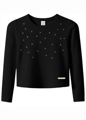 Carinhoso - Blusa em Ribana Canelada com Strass Preto - CARINHOSO