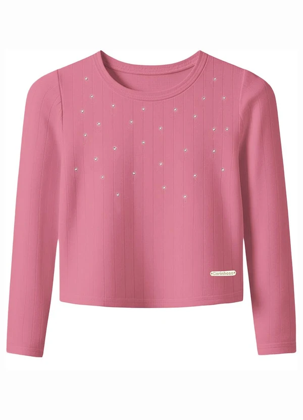 Carinhoso - Blusa em Ribana Canelada com Strass Rosa