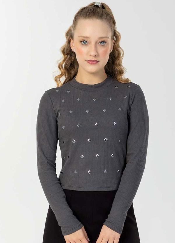 Bjoe - Blusa Feminina com Apliques de Strass Cinza
