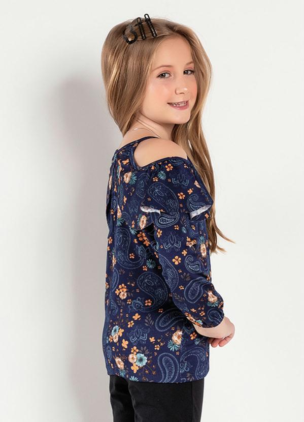 Outlet - Blusa Infantil Azul Floral com Ombros Vazados 2