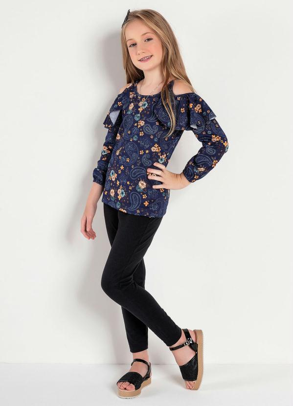 Outlet - Blusa Infantil Azul Floral com Ombros Vazados 3