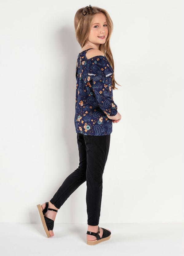Outlet - Blusa Infantil Azul Floral com Ombros Vazados 4