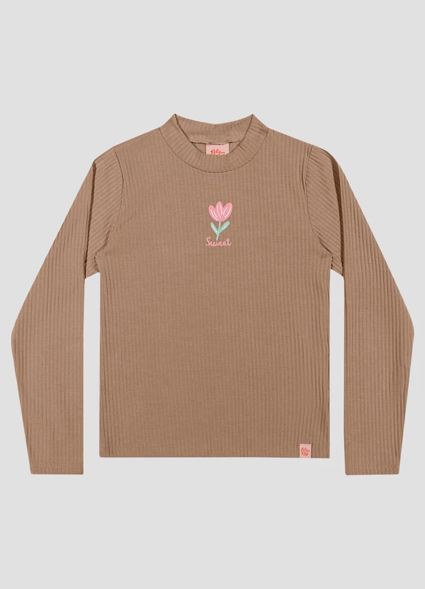 Kely Kety - Blusa Infantil Manga Longa Canelada com Estampa Marrom
