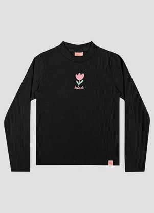 Kely Kety - Blusa Infantil Manga Longa Canelada com Estampa Preto - KELY KETY