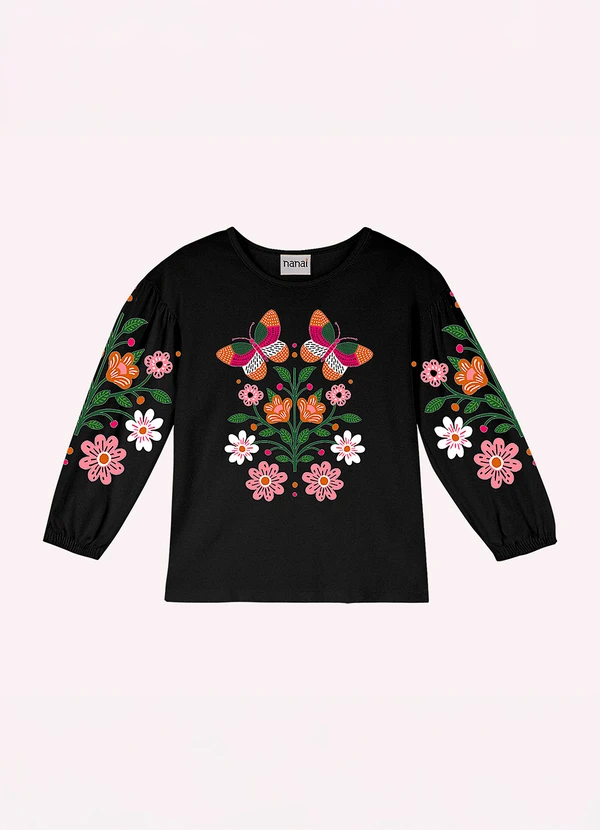 Nanai - Blusa Infantil Menina em Algodão Preto