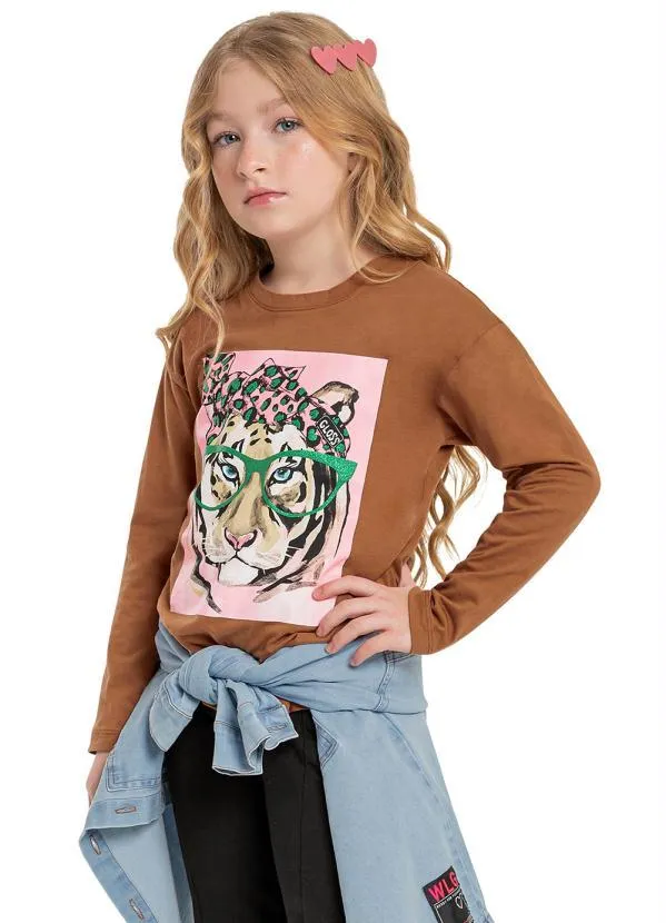 Gloss - Blusa Infantil Menina em Meia Malha Marrom