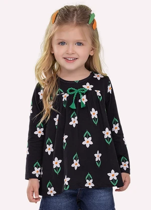 Nanai - Blusa Infantil Menina Flores Preto - NANAI