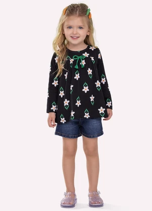 Nanai - Blusa Infantil Menina Flores Preto - NANAI