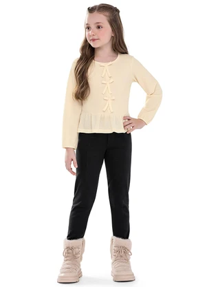 Colorittá - Blusa Infantil Menina Laços Malha Tricô Bege - COLORITTÁ