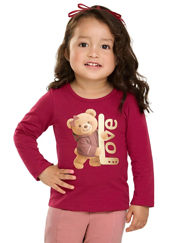 Elian - Blusa Infantil Menina Manga Longa Ursinha Vermelho