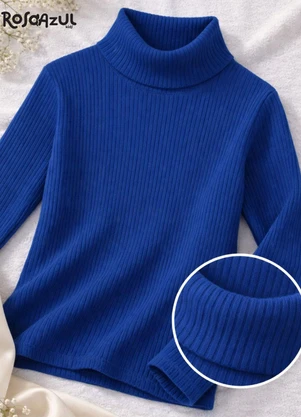 Rosa Azul - Blusa Infatil Gola Alta em Ribana Azul Royal - ROSA AZUL