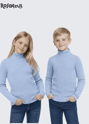 Rosa Azul - Blusa Infatil Gola Alta em Ribana Azul - ROSA AZUL