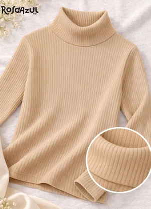 Rosa Azul - Blusa Infatil Gola Alta em Ribana Bege - ROSA AZUL