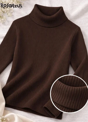 Rosa Azul - Blusa Infatil Gola Alta em Ribana Marrom - ROSA AZUL