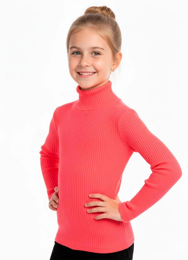 Rosa Azul - Blusa Infatil Gola Alta em Ribana Rosa Neon 1