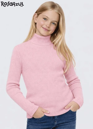 Rosa Azul - Blusa Infatil Gola Alta em Ribana Rosa - ROSA AZUL