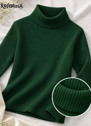 Rosa Azul - Blusa Infatil Gola Alta em Ribana Verde Escuro - ROSA AZUL