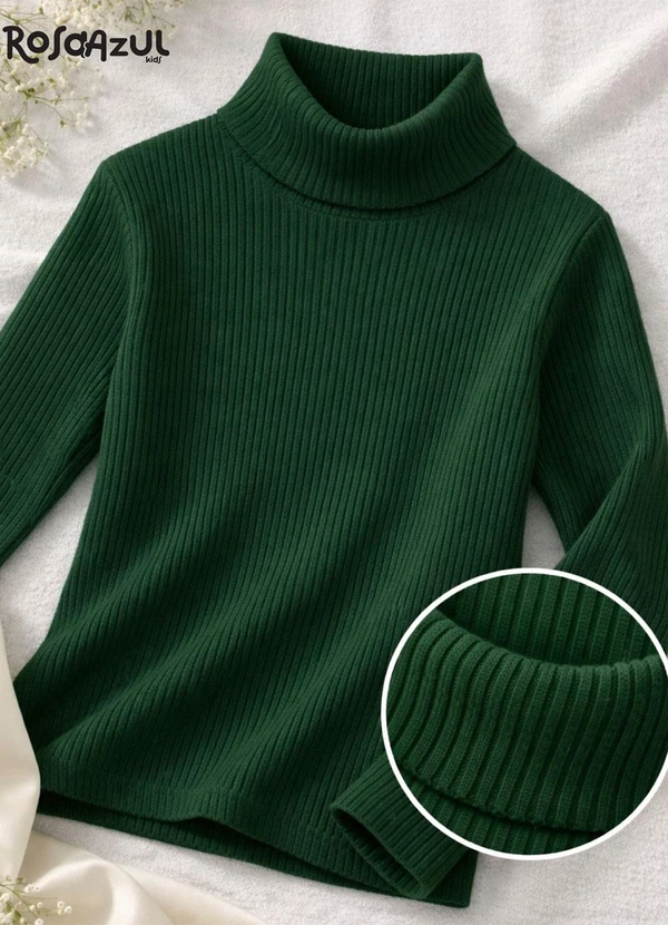 Rosa Azul - Blusa Infatil Gola Alta em Ribana Verde Escuro