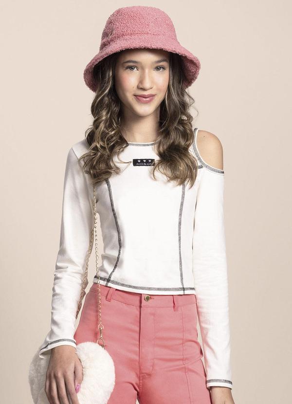 Milli e Nina - Blusa Juvenil Manga Longa Cotton Recorte Bege