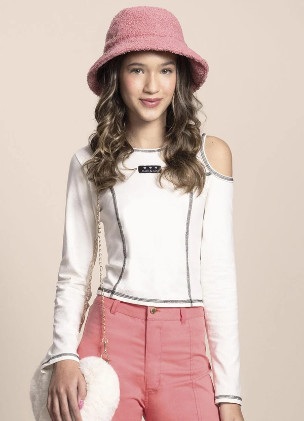Milli e Nina - Blusa Juvenil Manga Longa Cotton Recorte Bege