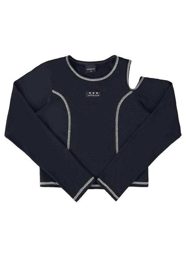 Milli e Nina - Blusa Juvenil Manga Longa Cotton Recorte Preto