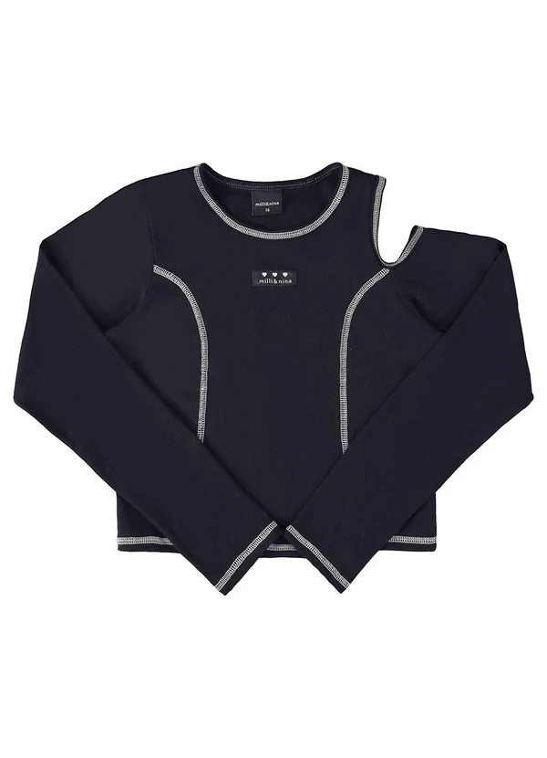 Milli e Nina - Blusa Juvenil Manga Longa Cotton Recorte Preto