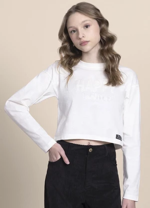 Milli e Nina - Blusa Juvenil Manga Longa Meia Malha Happy Bege - MILLI E NINA