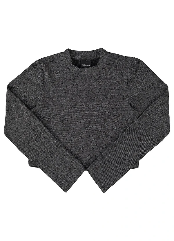 Milli e Nina - Blusa Juvenil Menina Manga Longa Lurex Preto
