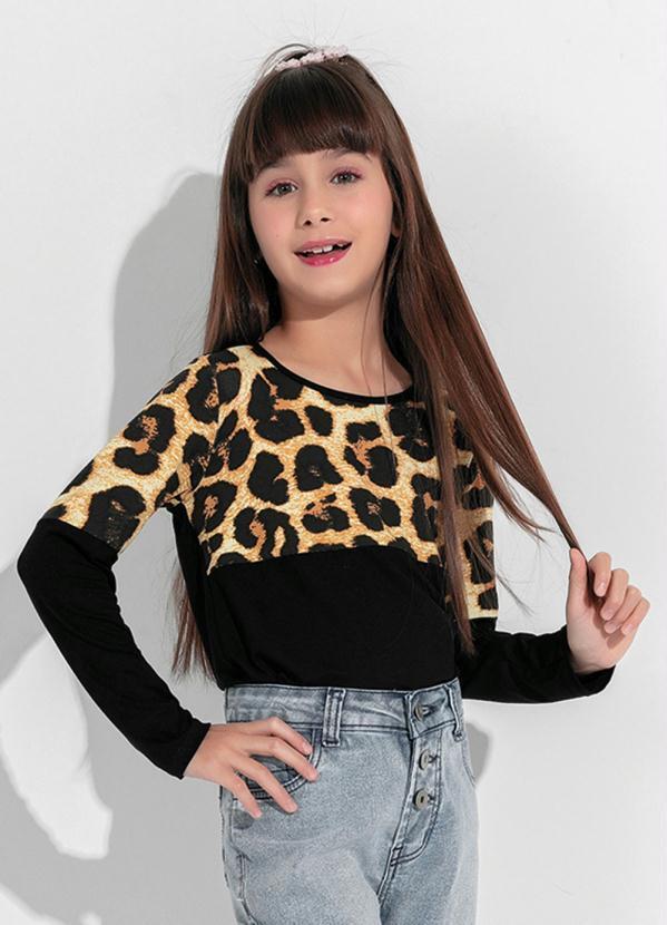 Blusa Longa Infantil (Preto/Ona) com Recorte