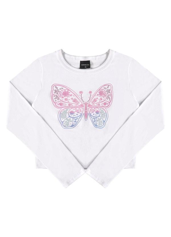 Milli e Nina - Blusa Manga Longa Cotton Penteado Estampa Branco