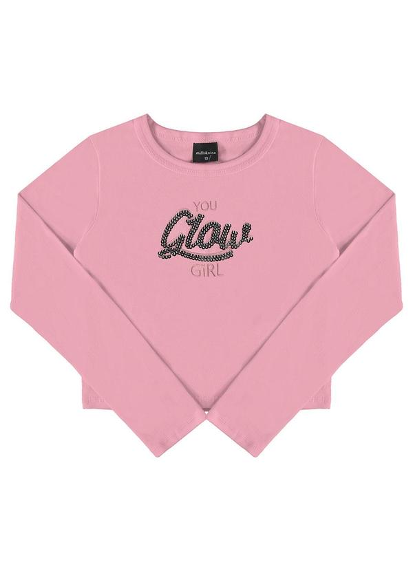 Milli e Nina - Blusa Manga Longa Cotton Penteado Estampa Rosa